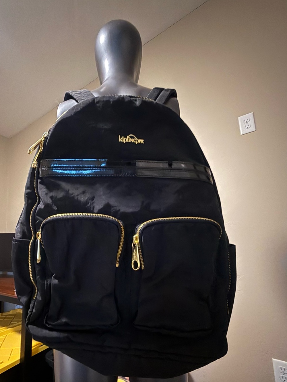 Kipling Black Nylon Backpack with Gold Hardware